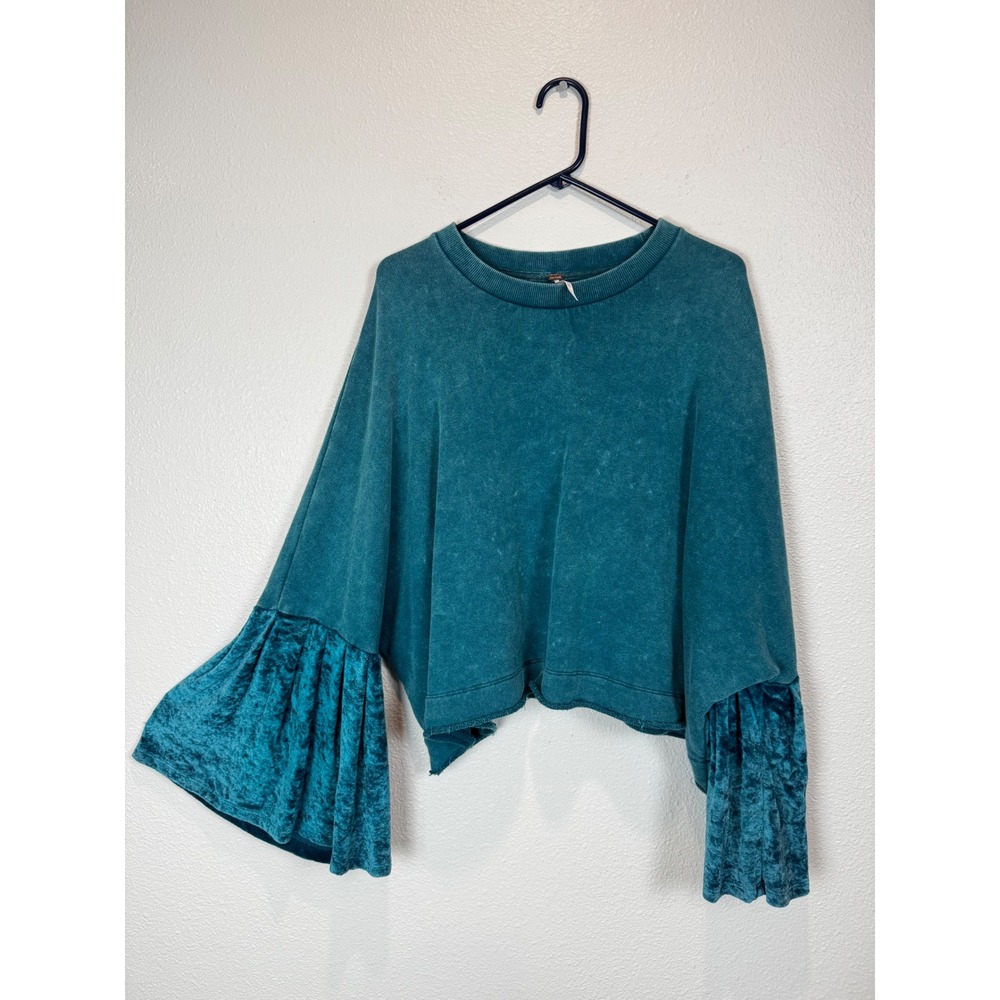 Free People Sweatshirt Womens Medium Teal Velvet Bell Sleeve Acid Wash Top